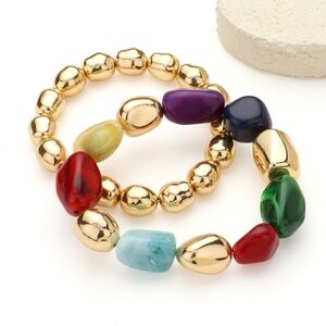 Colorful Variety Beaded 2 Piece Mixed Pebble Stone Layered Stretch Bracelets